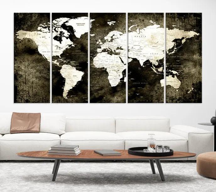 A gallery-wrapped, three-panel Push Pin World Map Canvas Print, crafted on museum-quality canvas, adorns the wall.