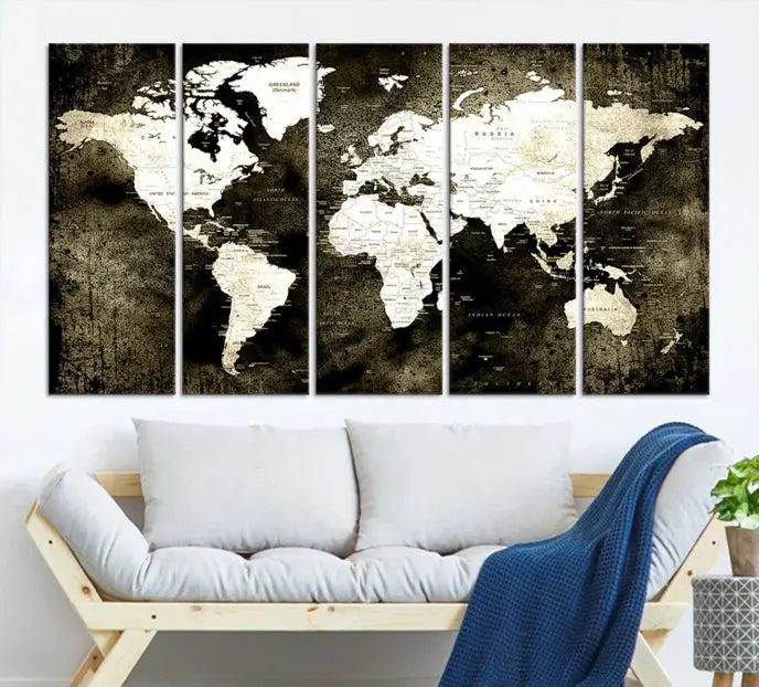 A gallery-wrapped, three-panel Push Pin World Map Canvas Print, crafted on museum-quality canvas, adorns the wall.