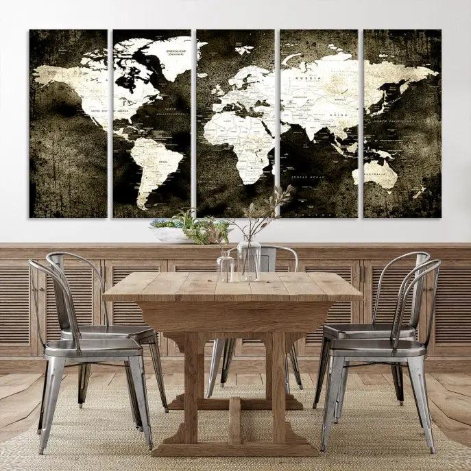 A gallery-wrapped, three-panel Push Pin World Map Canvas Print, crafted on museum-quality canvas, adorns the wall.