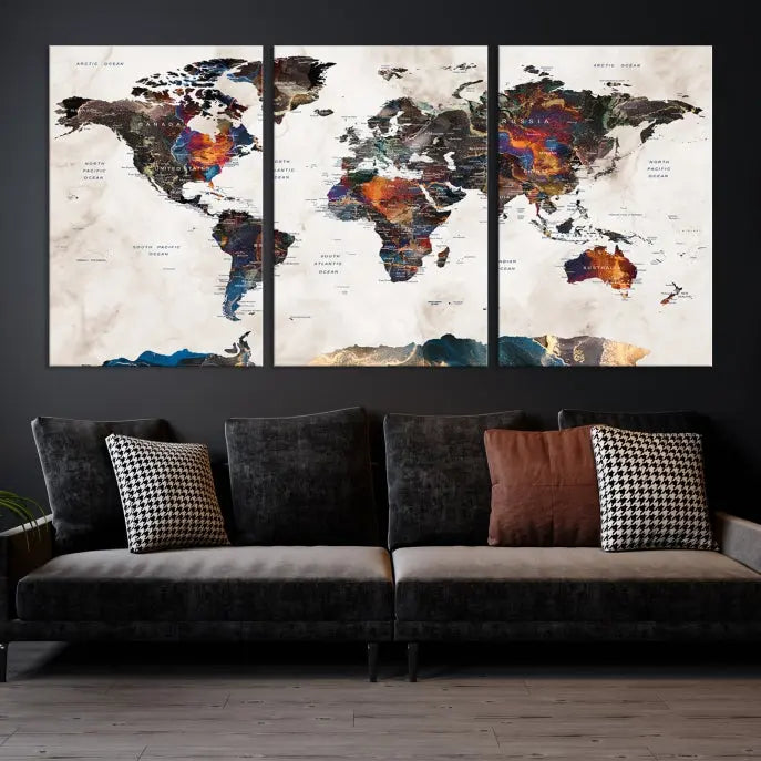 The Push Pin World Map Canvas Wall Art Print, crafted on museum-quality canvas with colorful regions, comes ready to hang and features a UV-protective coating to preserve its vibrant colors.