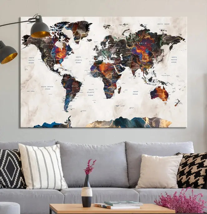 The Push Pin World Map Canvas Wall Art Print, crafted on museum-quality canvas with colorful regions, comes ready to hang and features a UV-protective coating to preserve its vibrant colors.