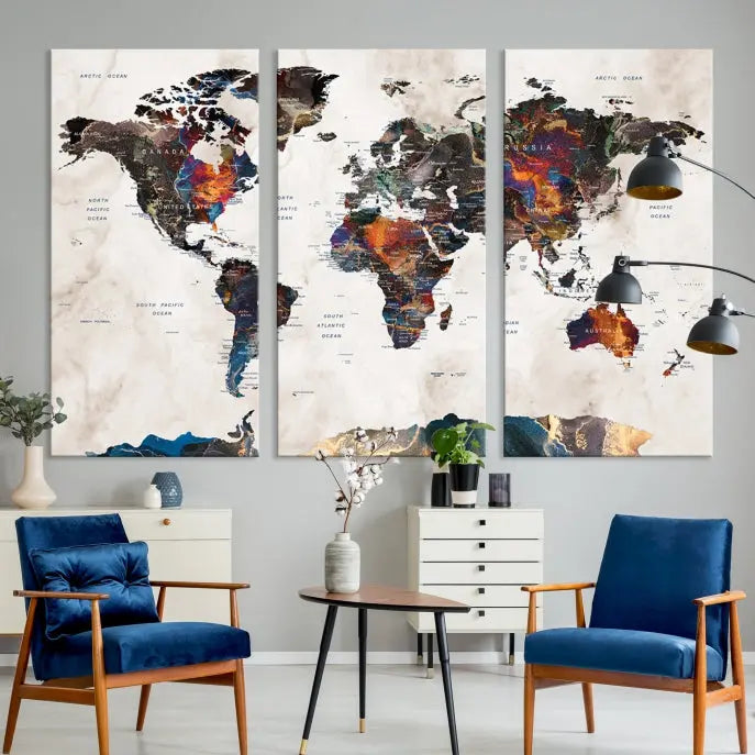 The Push Pin World Map Canvas Wall Art Print, crafted on museum-quality canvas with colorful regions, comes ready to hang and features a UV-protective coating to preserve its vibrant colors.