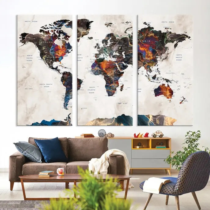 The Push Pin World Map Canvas Wall Art Print, crafted on museum-quality canvas with colorful regions, comes ready to hang and features a UV-protective coating to preserve its vibrant colors.