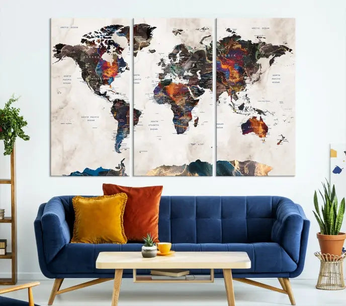 The Push Pin World Map Canvas Wall Art Print, crafted on museum-quality canvas with colorful regions, comes ready to hang and features a UV-protective coating to preserve its vibrant colors.