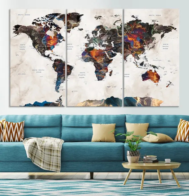 The Push Pin World Map Canvas Wall Art Print, crafted on museum-quality canvas with colorful regions, comes ready to hang and features a UV-protective coating to preserve its vibrant colors.