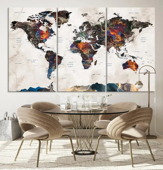 The Push Pin World Map Canvas Wall Art Print, crafted on museum-quality canvas with colorful regions, comes ready to hang and features a UV-protective coating to preserve its vibrant colors.