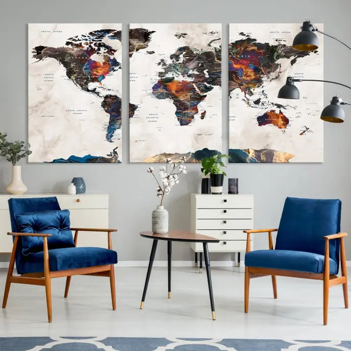 The Push Pin World Map Canvas Wall Art Print, crafted on museum-quality canvas with colorful regions, comes ready to hang and features a UV-protective coating to preserve its vibrant colors.