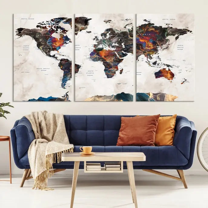 The Push Pin World Map Canvas Wall Art Print, crafted on museum-quality canvas with colorful regions, comes ready to hang and features a UV-protective coating to preserve its vibrant colors.