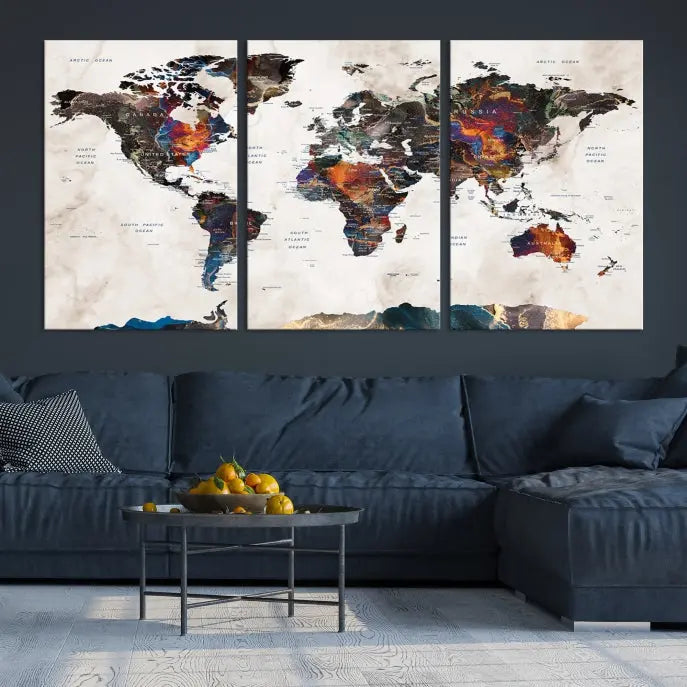 The Push Pin World Map Canvas Wall Art Print, crafted on museum-quality canvas with colorful regions, comes ready to hang and features a UV-protective coating to preserve its vibrant colors.