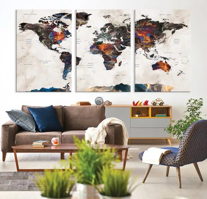 The Push Pin World Map Canvas Wall Art Print, crafted on museum-quality canvas with colorful regions, comes ready to hang and features a UV-protective coating to preserve its vibrant colors.