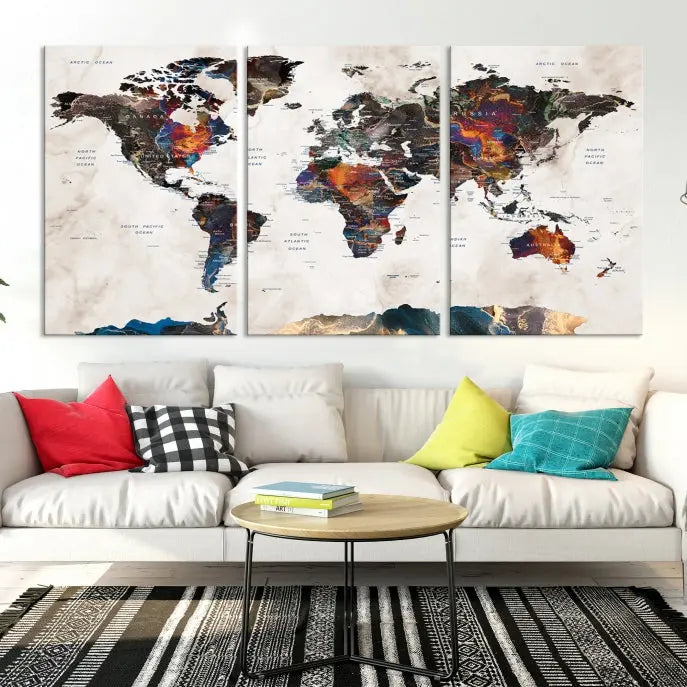 The Push Pin World Map Canvas Wall Art Print, crafted on museum-quality canvas with colorful regions, comes ready to hang and features a UV-protective coating to preserve its vibrant colors.