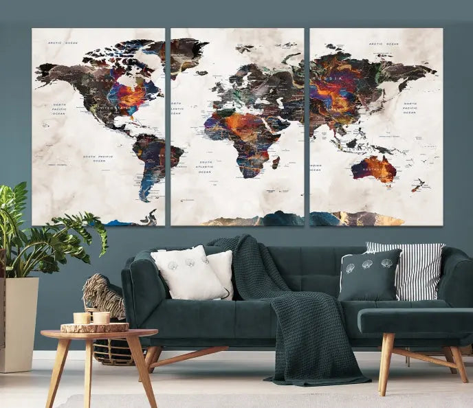 The Push Pin World Map Canvas Wall Art Print, crafted on museum-quality canvas with colorful regions, comes ready to hang and features a UV-protective coating to preserve its vibrant colors.