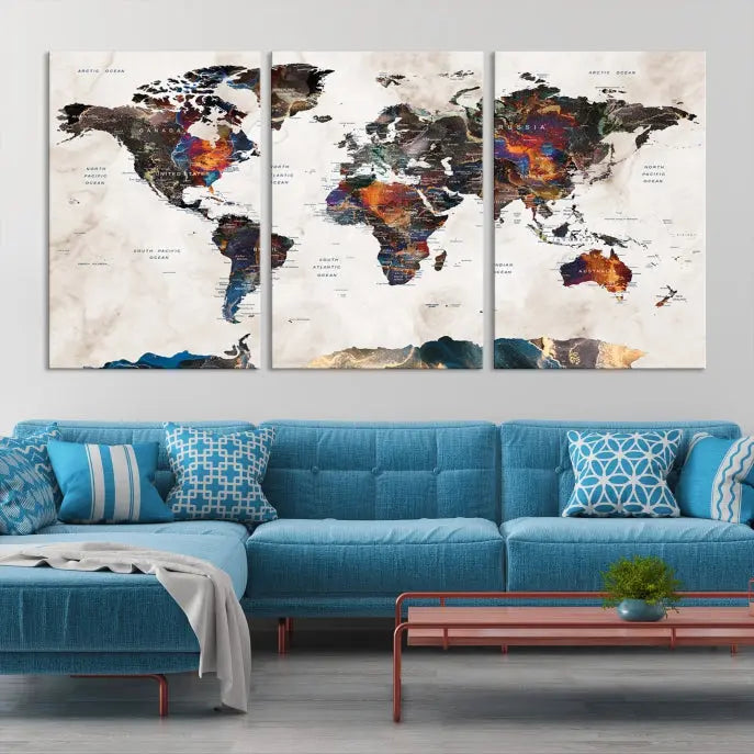 The Push Pin World Map Canvas Wall Art Print, crafted on museum-quality canvas with colorful regions, comes ready to hang and features a UV-protective coating to preserve its vibrant colors.