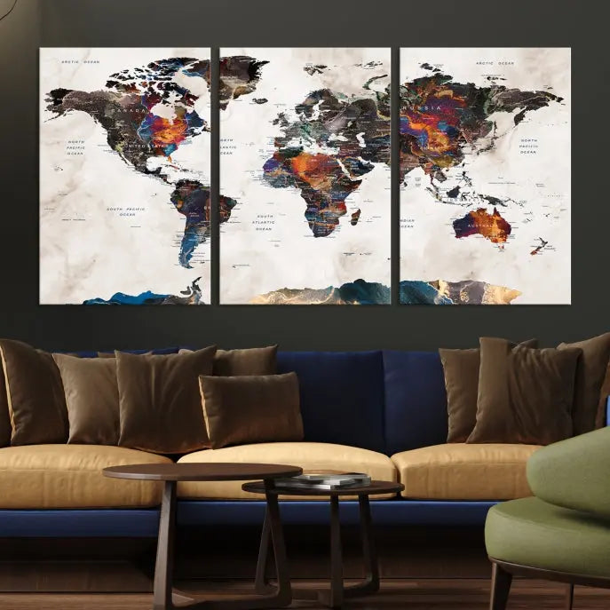 The Push Pin World Map Canvas Wall Art Print, crafted on museum-quality canvas with colorful regions, comes ready to hang and features a UV-protective coating to preserve its vibrant colors.