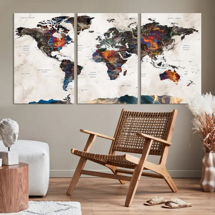 The Push Pin World Map Canvas Wall Art Print, crafted on museum-quality canvas with colorful regions, comes ready to hang and features a UV-protective coating to preserve its vibrant colors.