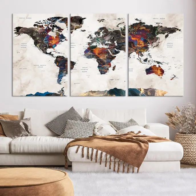 The Push Pin World Map Canvas Wall Art Print, crafted on museum-quality canvas with colorful regions, comes ready to hang and features a UV-protective coating to preserve its vibrant colors.