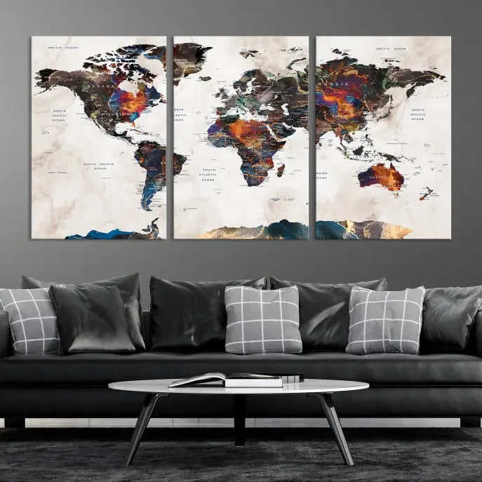 The Push Pin World Map Canvas Wall Art Print, crafted on museum-quality canvas with colorful regions, comes ready to hang and features a UV-protective coating to preserve its vibrant colors.