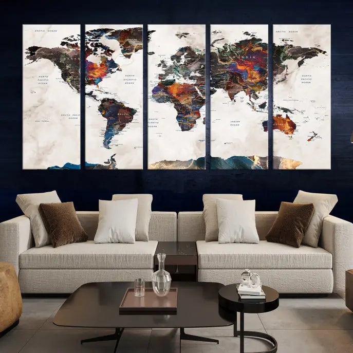 The Push Pin World Map Canvas Wall Art Print, crafted on museum-quality canvas with colorful regions, comes ready to hang and features a UV-protective coating to preserve its vibrant colors.