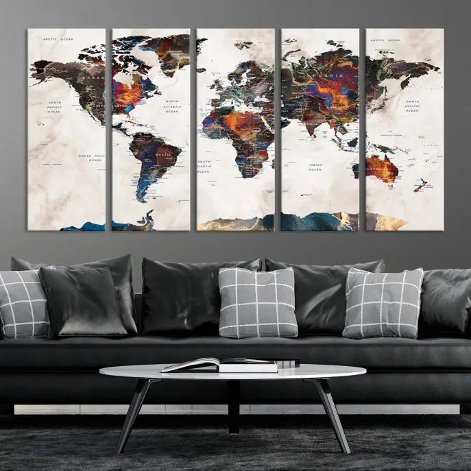 The Push Pin World Map Canvas Wall Art Print, crafted on museum-quality canvas with colorful regions, comes ready to hang and features a UV-protective coating to preserve its vibrant colors.