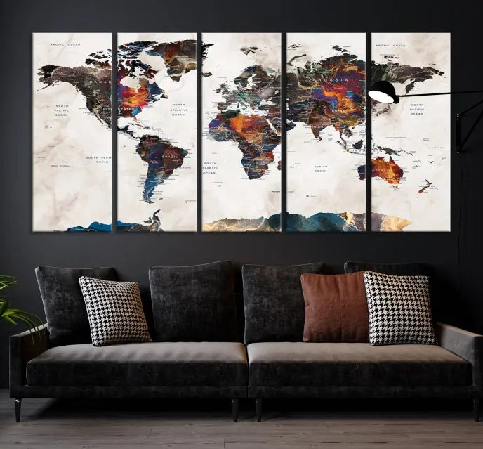 The Push Pin World Map Canvas Wall Art Print, crafted on museum-quality canvas with colorful regions, comes ready to hang and features a UV-protective coating to preserve its vibrant colors.