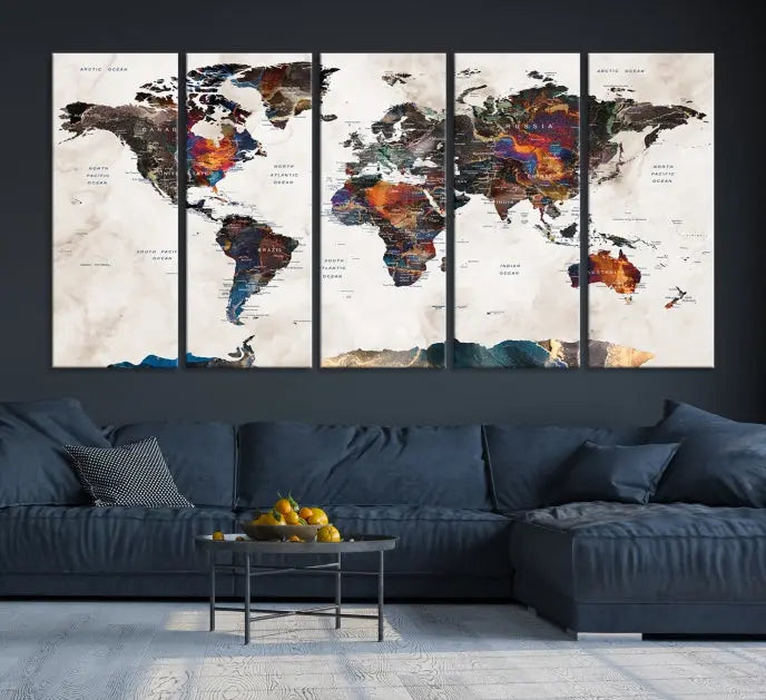 The Push Pin World Map Canvas Wall Art Print, crafted on museum-quality canvas with colorful regions, comes ready to hang and features a UV-protective coating to preserve its vibrant colors.