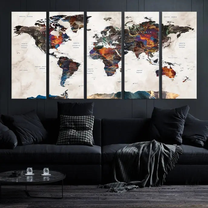 The Push Pin World Map Canvas Wall Art Print, crafted on museum-quality canvas with colorful regions, comes ready to hang and features a UV-protective coating to preserve its vibrant colors.