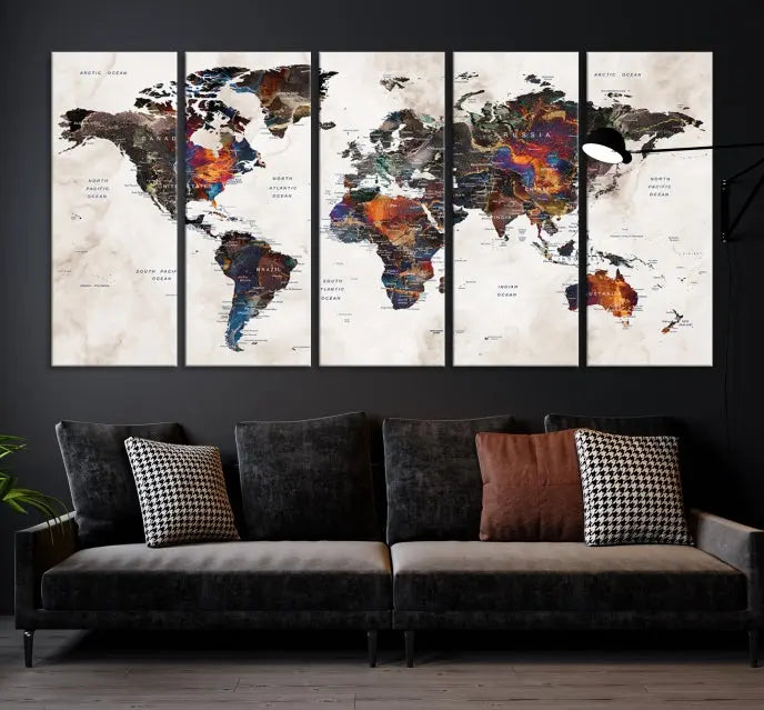 The "Push Pin World Map Painting Canvas Wall Art Print," a vibrant five-panel artwork with a gallery wrap and UV-protective coating, is displayed against a dark wall.