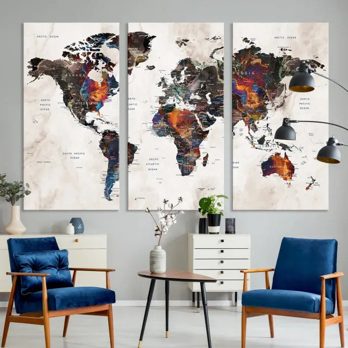 The "Push Pin World Map Painting Canvas Wall Art Print," a vibrant five-panel artwork with a gallery wrap and UV-protective coating, is displayed against a dark wall.