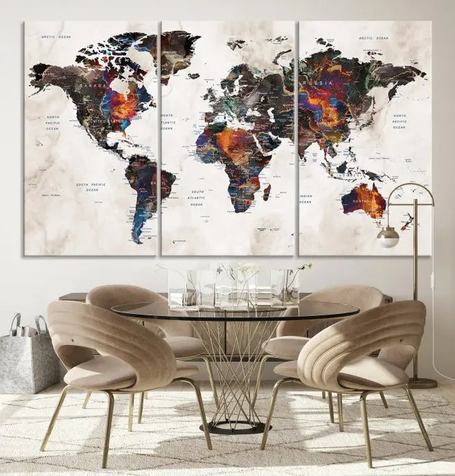 The "Push Pin World Map Painting Canvas Wall Art Print," a vibrant five-panel artwork with a gallery wrap and UV-protective coating, is displayed against a dark wall.