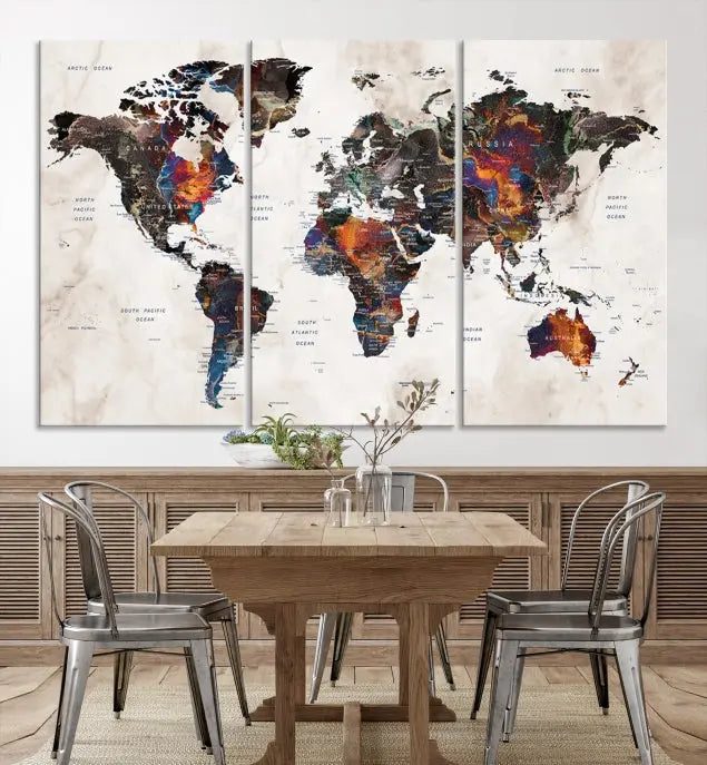 The "Push Pin World Map Painting Canvas Wall Art Print," a vibrant five-panel artwork with a gallery wrap and UV-protective coating, is displayed against a dark wall.