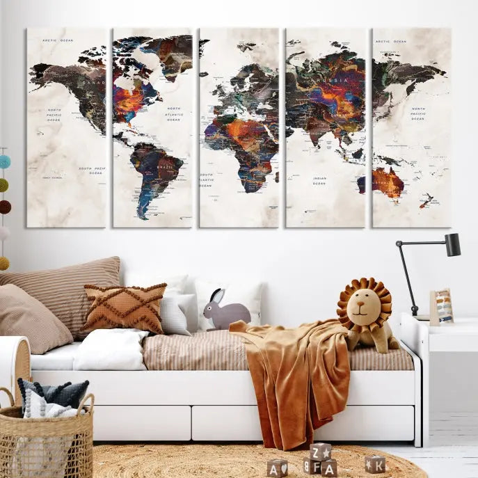 The "Push Pin World Map Painting Canvas Wall Art Print," a vibrant five-panel artwork with a gallery wrap and UV-protective coating, is displayed against a dark wall.