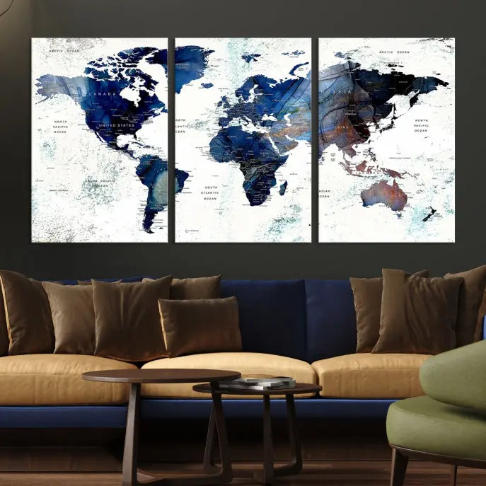 A Push Pin World Map Painting Wall Art Canvas Print in blue hangs prominently, adding an artistic touch to the space.