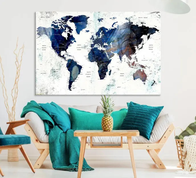 A Push Pin World Map Painting Wall Art Canvas Print in blue hangs prominently, adding an artistic touch to the space.