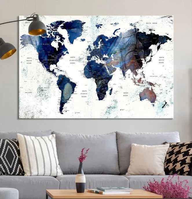 A Push Pin World Map Painting Wall Art Canvas Print in blue hangs prominently, adding an artistic touch to the space.