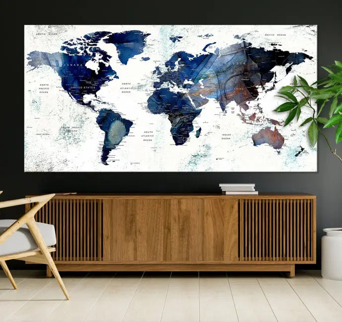 A Push Pin World Map Painting Wall Art Canvas Print in blue hangs prominently, adding an artistic touch to the space.