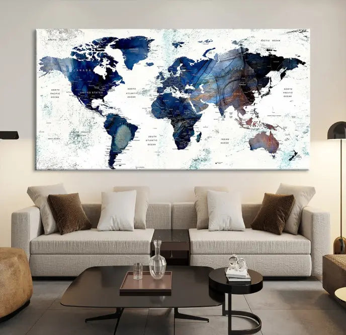 A Push Pin World Map Painting Wall Art Canvas Print in blue hangs prominently, adding an artistic touch to the space.