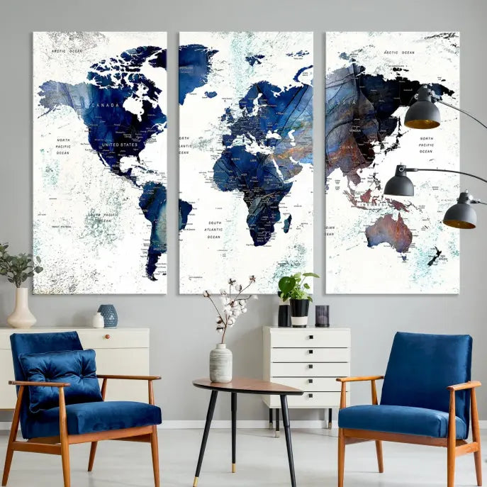 A Push Pin World Map Painting Wall Art Canvas Print in blue hangs prominently, adding an artistic touch to the space.