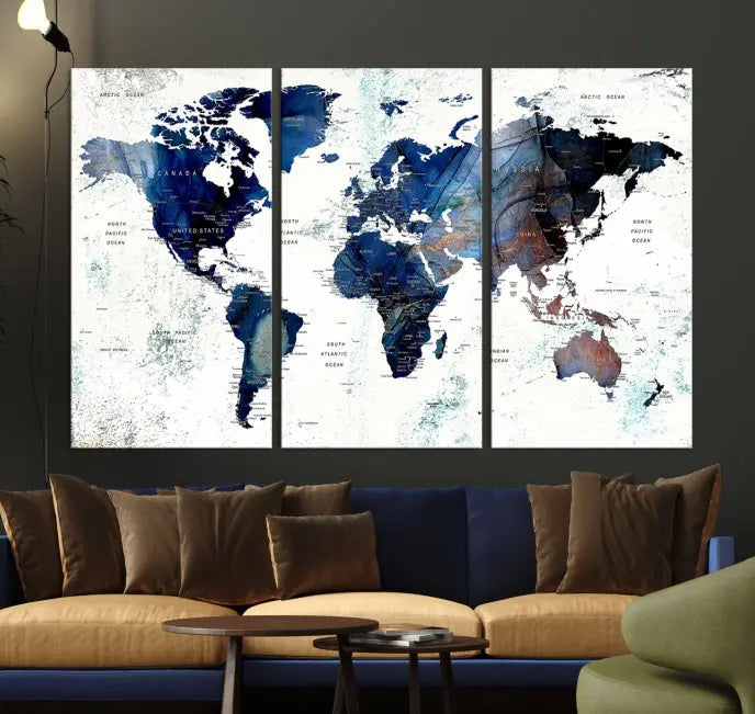 A Push Pin World Map Painting Wall Art Canvas Print in blue hangs prominently, adding an artistic touch to the space.