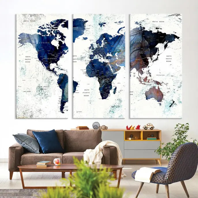 A Push Pin World Map Painting Wall Art Canvas Print in blue hangs prominently, adding an artistic touch to the space.