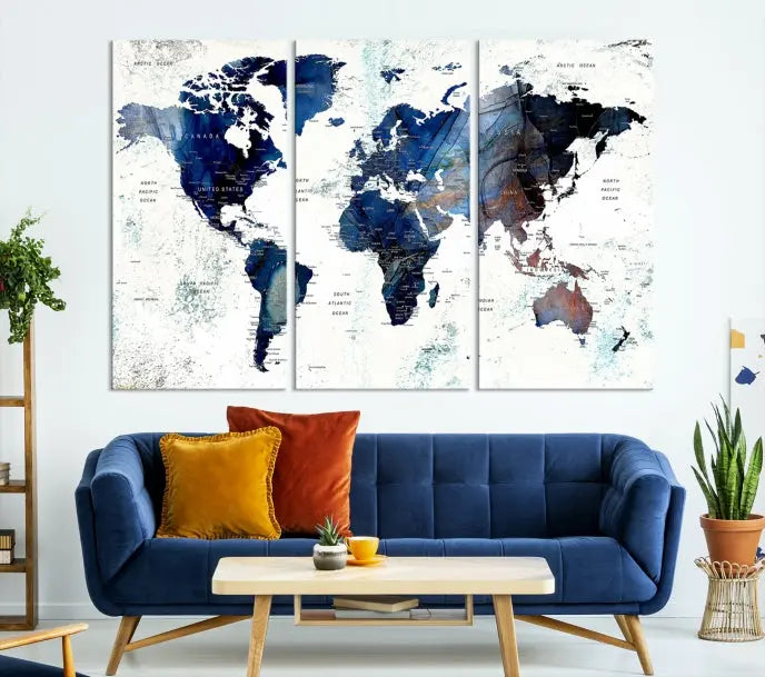 A Push Pin World Map Painting Wall Art Canvas Print in blue hangs prominently, adding an artistic touch to the space.