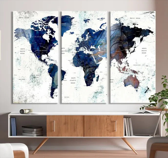 A Push Pin World Map Painting Wall Art Canvas Print in blue hangs prominently, adding an artistic touch to the space.