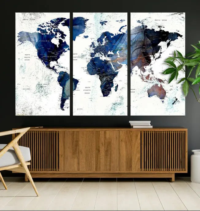 A Push Pin World Map Painting Wall Art Canvas Print in blue hangs prominently, adding an artistic touch to the space.