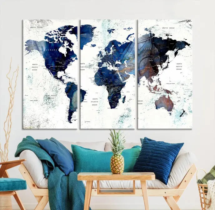 A Push Pin World Map Painting Wall Art Canvas Print in blue hangs prominently, adding an artistic touch to the space.