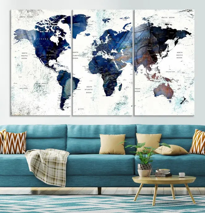 A Push Pin World Map Painting Wall Art Canvas Print in blue hangs prominently, adding an artistic touch to the space.