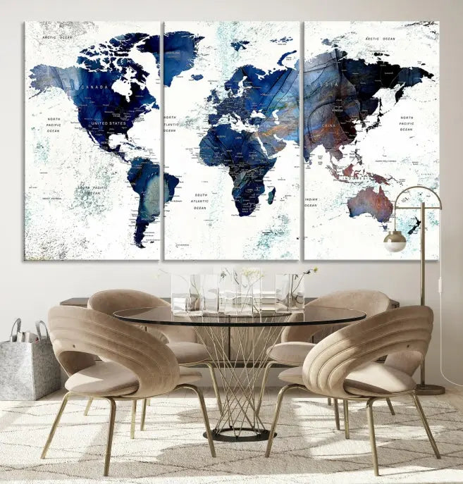 A Push Pin World Map Painting Wall Art Canvas Print in blue hangs prominently, adding an artistic touch to the space.