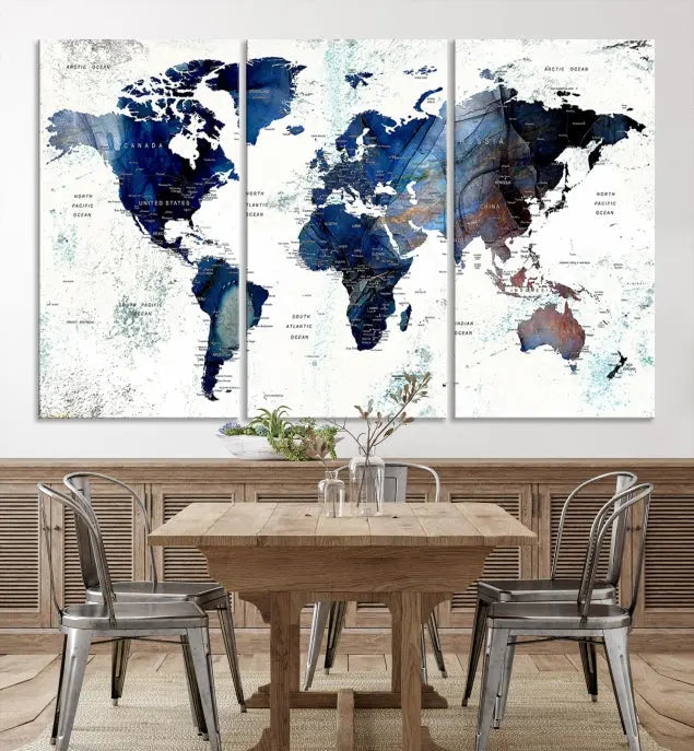 A Push Pin World Map Painting Wall Art Canvas Print in blue hangs prominently, adding an artistic touch to the space.