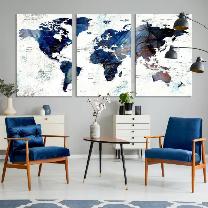 A Push Pin World Map Painting Wall Art Canvas Print in blue hangs prominently, adding an artistic touch to the space.