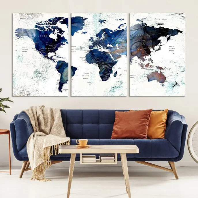 A Push Pin World Map Painting Wall Art Canvas Print in blue hangs prominently, adding an artistic touch to the space.