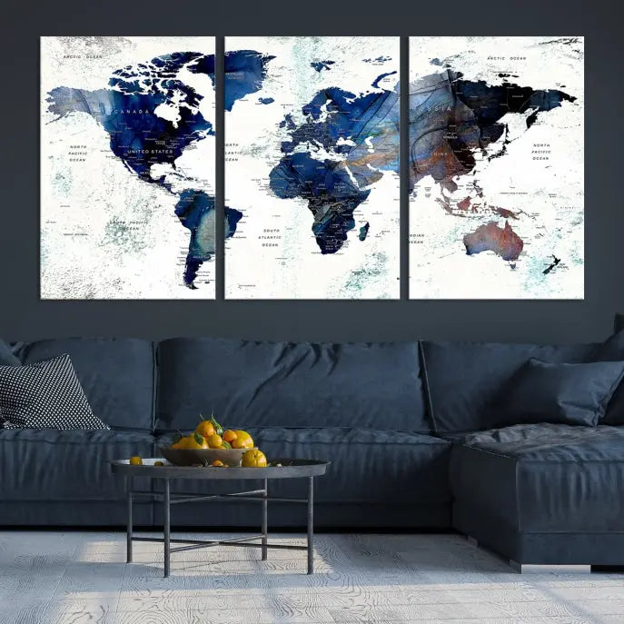 A Push Pin World Map Painting Wall Art Canvas Print in blue hangs prominently, adding an artistic touch to the space.