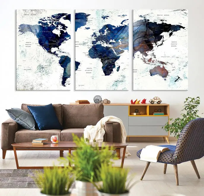 A Push Pin World Map Painting Wall Art Canvas Print in blue hangs prominently, adding an artistic touch to the space.